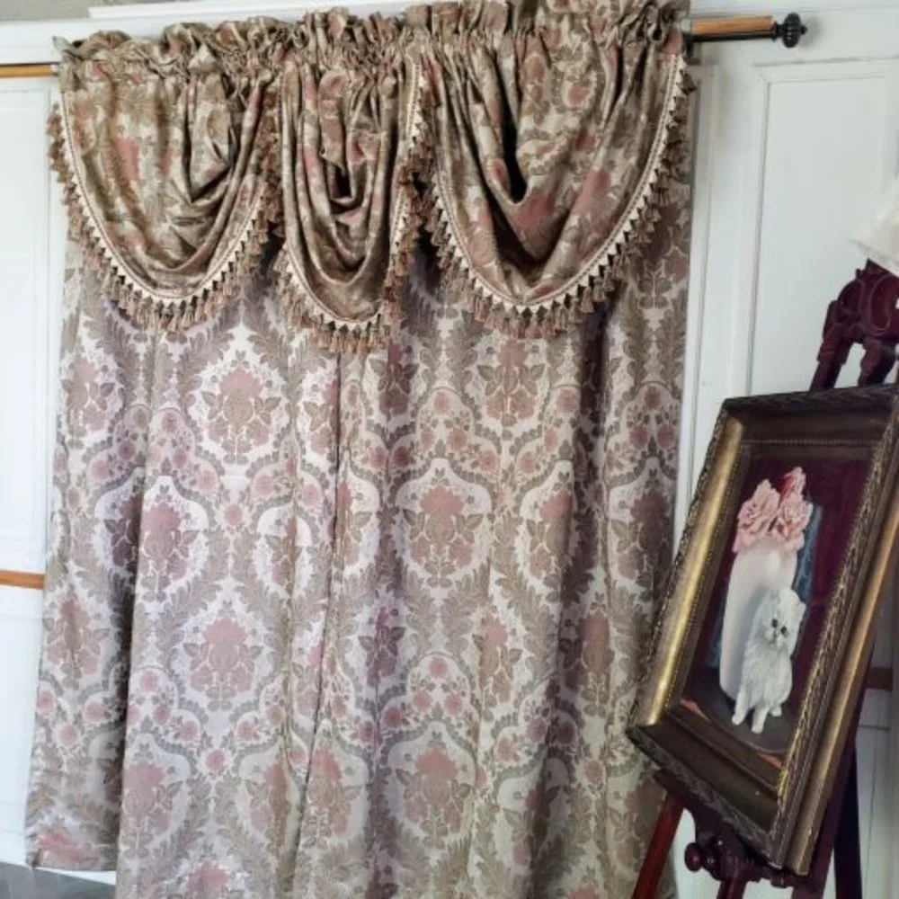 JC Penney Drapes Waterfall Valances 100Wx85L Tan Floral Jacquard Lined Vtg 7pcs
